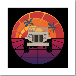 Retro Sunrise Jeep - Tan Posters and Art